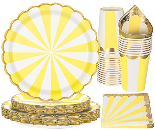 PARTY GO 96 piezas de suministros de fiesta amarillos, juego de vajilla desechable, incluye platos de papel de 9 pulgadas, platos de papel de 7 pulgadas, vasos, servilletas, para picnic, fiesta de
