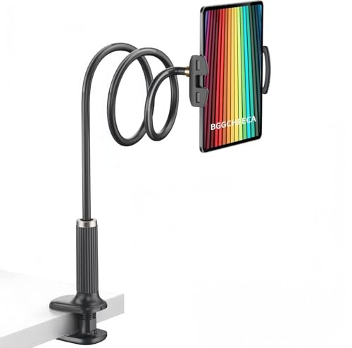 BGGCHEECA K-MT - Supporto per tablet a collo di cigno da letto, con impugnatura, braccio lungo flessibile, compatibile con iPad, iPhone, Switch, Samsung Galaxy Tabs, Kindle Fire HD, K-MT (nero)