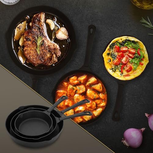 BBQ#BOSS Juego de 3 Sartenes de Hierro Fundido para Freír y Asar Ø16cm/Ø20cm/Ø25cm con Revestimiento Antiadherente y Capa de Protección Set de Ustensilios de Cocina con Mango y Pico de Uso Universal
