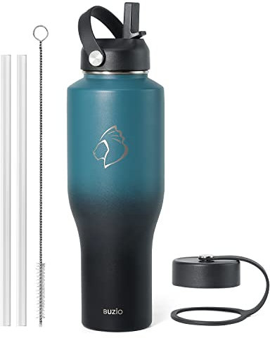 BUZIO Insulated Water Bottle with Straw and lid 1.2L/40oz Travel Mug Insulated Tumbler Travel Flask Cold for 48 Hrs Hot for 24 Hrs Fit in Any Car Cup Holder, Indigo Black