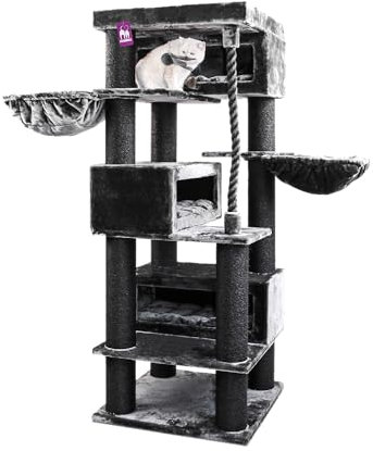 Petrebels Arbre à chat XXL Turnpike 200 cm, avec troncs épais de 15 cm de diamètre, Maine Coon pour grands chats, 76 x 76 x 200 cm, couleur : noir
