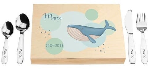 LAUBLUST Posate per bambini con stampa del nome e scatola regalo in legno personalizzata | 4 pezzi - Posate in acciaio inox | Regalo personalizzato per ragazzi e ragazze (Balena)