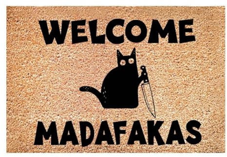 SRMAN Fußmatte mit Aufschrift Welcome Madafakas, 1 Stück, Motiv: dunkle Katze, Heimdekoration, Küche, Badezimmer, lustige Fußmatte