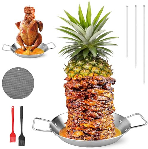 Al Pastor Skewer for Grill, Stainless Steel Vertical Skewer Pan, Vertical Rotisserie with 3 Removable Barbecue Skewers (8 10 12) Gloves and Mat, for Tacos Al Pastor, Shawarma, Grill Oven Smoker