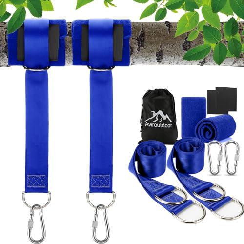 Awroutdoor Schaukel Befestigung, Hängematte Befestigung Befestigungsset Aufhängung Hängesessel Befestigung mit 2 Baumschutz Polster und 2 Premium Karabinern (Blau)