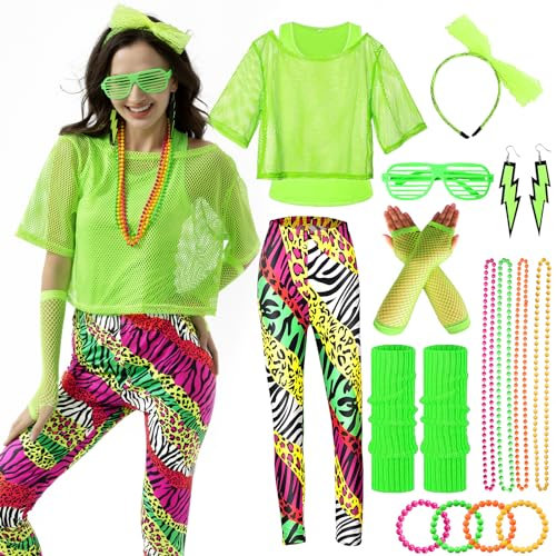 Ulikey 80er 90er Jahre Outfit Damen, Kostüm 80er Jahre Damen Bunte Leggings, Aerobic Outfit 80er Damen, 90er Neon Party Outfit Damen Zubehör Set mit Gläser, Halskette (Grüne Farbe, M)