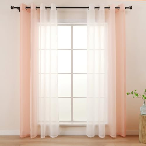 L.Z.E Vorhang Rosa Weiß Farbverlauf, Transparente Gardinen für Wohnzimmer Schlafzimmer Mädchenzimmer, 140 x 245 cm Lang, 2er Set Voile Vorhänge Gardine mit Ösen, Ösenschals Dekorativ