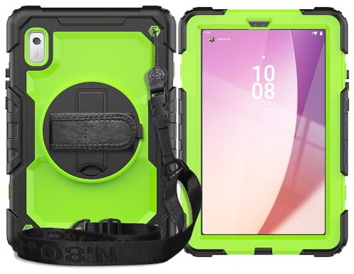 Coque pour Lenovo Tab M9 9 (TB-310FU) sortie en 2023, coque de protection intégrale robuste en TPU résistant aux chocs, avec protecteur d'écran, support rotatif, sangle (noir + vert)