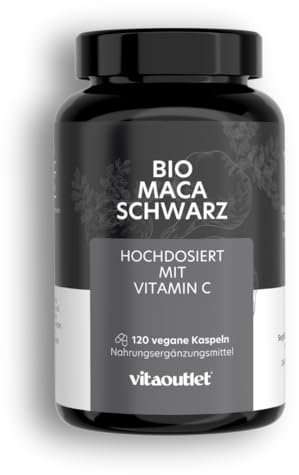 vitaoutlet | Bio Maca Schwarz | 1500mg pro Tagesdosis (entspricht 6.000mg Maca-Wurzel) | mit natürlichem Vitamin C | frei von Magnesiumstearat | hochdosiert, vegan und laborgeprüft | 120 Kapseln