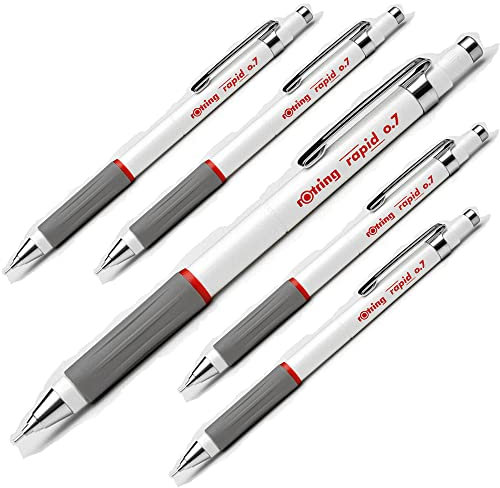 FNX Rotring Lot de 5 porte-mines rapides | mine HB de 0,7 mm qui se rétracte dans le corps | Gomme rotative sur la pointe | Corps rond avec poignée en caoutchouc antidérapante douce au toucher |