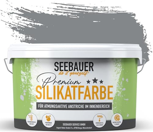 SEEBAUER diy Silikatfarbe Grau 10L für Innen (No. 238 Graphite Grey) Atmungsaktive Mineralfarbe für Allergiker - Abwaschbare Wandfarbe - Grautöne hohe Deckkraft