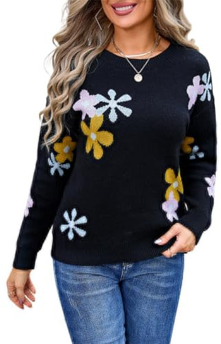 HEYPORK Damen Herbst Winter Warm Bequem Pullover Casual Mode Strickjacke Strickpullover Frauen Bedruckte Blume Pullover Shirt(Schwarz, L)