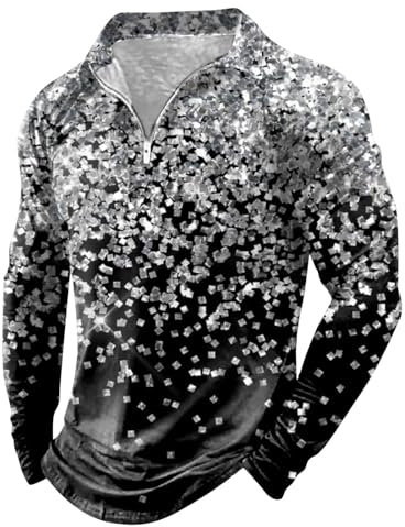 YOSUWOAI Glitzer Hemd Herren 3D Digital Druck Karneval T Shirt Langarm 70er 80er Jahre Disco Shirt mit Halbem Reißverschluss Loose fit Disco Pailletten Oberteile Für Club Disco Party