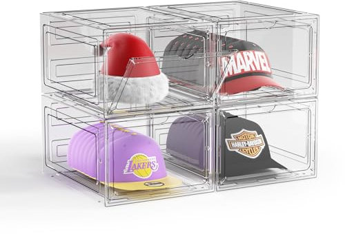 Hat Organizer Box for Baseball Caps, 4 Pack Clear Plastic Hat Storage Box, Hat Holder for Closet, Hat Display Case with Magnetic Door, Hat Rack, Snapback Organizer, Hat Case, Hold 8 Cap Each