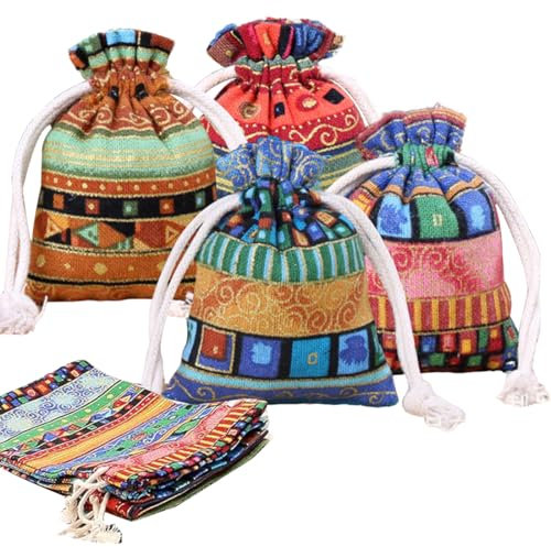 BQRKOTM 12 Stück Jutesäcke im ägyptischen Ethno-Stil, leichte Geschenktaschen, atmungsaktive Schmuckbeutel mit Kordelzug, für Regalos de viaje, Geburtstag, Bastelarbeiten (7 x 9 cm)