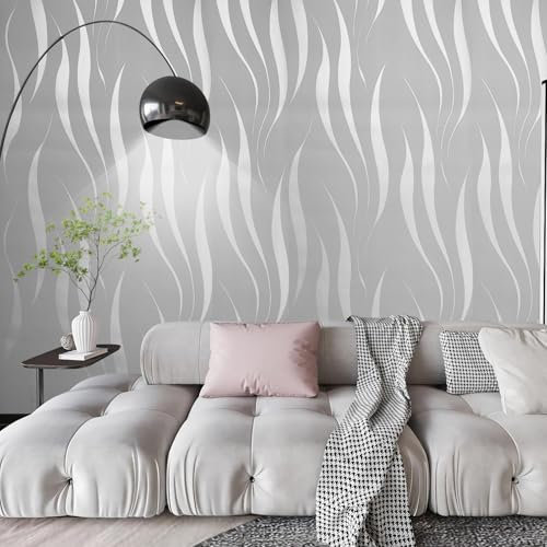 Tarwanear 5 Rolls Silver Grey 3D Wave Stripe Wallpaper Glitter Abstract Curve Wave Grey Wall Paper Roll Modern Embossed DIY Wallpapers Flocking Striped Wallpaper for Living Room Bedroom Hallway