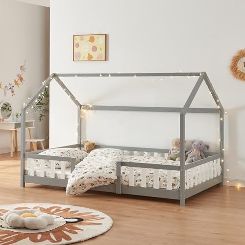 [en.casa] Kinderbett Sisimiut Hausbett Montessori 120 x 200 cm mit Rausfallschutz Holzbett für Kinder Bodenbett Lattenrost Kiefernholz Hellgrau/Weiß