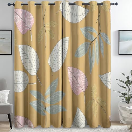 Rideau Occultant Thermique Isolant Anti Froid et Chaleur Bohême Feuilles Feuilles De Palmier Jaune Tenture Opaque à Oeillets Isolation Decoration Chambre Maison Salon 140L X 250H cm (2 Panneaux)