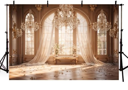 AIBIIN 7x5ft Retro Indoor Photography Backdrop Crystal Chandelier Grace Curtain Window Background Birthday Wedding Maternity Portrait Photo Studio Photo Booth Props Wallpaper