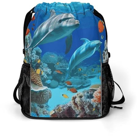 Rucksack mit Kordelzug, für Sport, Fitnessstudio, Schwimmtasche mit Schuhfach, New York Manhattan Bridge Night Stuff Sack, Meeresboden Korallenfisch Delfine, 45.5x41.5x36cm