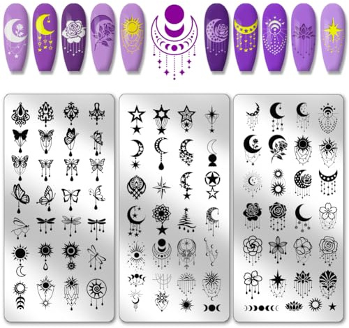 PH PandaHall 3pcs Stern Mond Anhänger Nagelkunst Schablone Schmetterling Anhänger Muster Nagel Stempel Platte Edelstahl Nagel Bild Platte Blume Nagel Kunst Schablonen für Frauen DIY Druck 12x6 cm