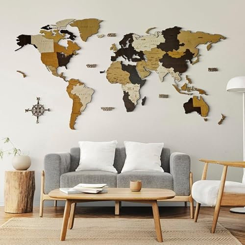 AREDE 3D Holzweltkarte (150 x 90 cm) Mehrschichtig zur Wandmontage – Moderne Wanddekoration für Wohnzimmer, Büro, Schlafzimmer – Originelle Geschenkidee – Elegantes Design mit präzisen Details