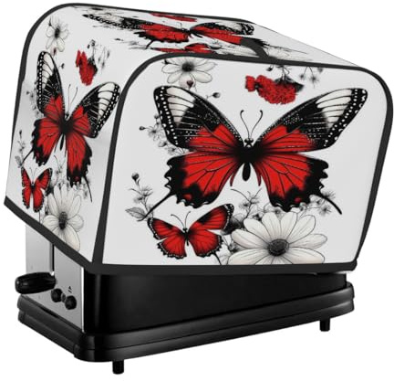 2 Slice Toaster Cover, Red Butterfly Daisy Anti Fingerprint Small Kitchen Appliance Protector， Waterproof Dust-proof Bread Maker Cover