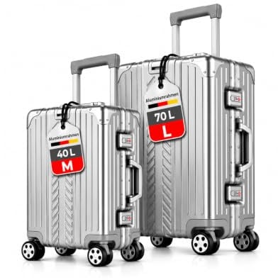 WINLIFE SPARSET M+L Reisekoffer Alu-Rahmen mit ABS & TSA Nummern-Schloss Handgepäck M(53cm)+Checkin-Trolley L(65cm) Hartschalenkoffer | Silber