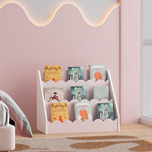 [en.casa] Scaffale per Cameretta a Scaletta Libreria da Terra per Bambini Porta Giocattoli Libri Mobile Contenitore Organizzatore a 3 Livelli - Rosa/Bianco