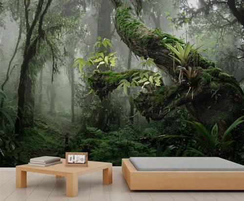 YEMYOR Misty Forest Mural Wallpaper Green Tropical Rainforest Wall Mural Green Jungle Tree Murals Natural Scenery Sofa Background Wallpaper for Living Room Bedroom-390x260cm