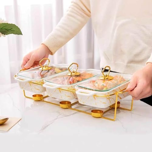 Chafing Dish Set - Keramik Warmhalteschalen & Buffetwärmer mit Glasdeckel - 3-in-1-Design, 3x0,9 QT zum Servieren und Erwärmen