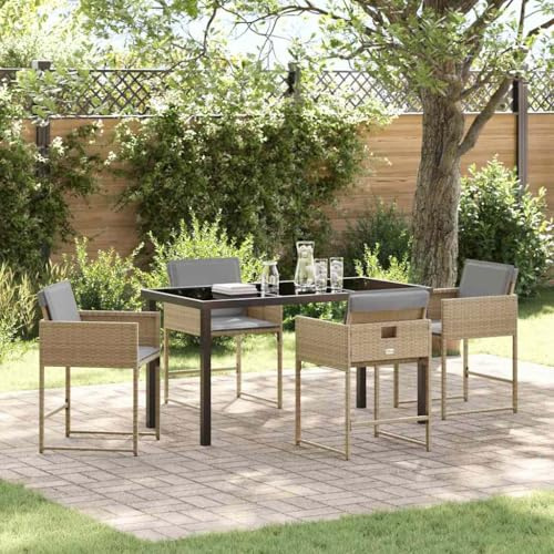 Teenpull Garten Essgruppe 5-teilig, Beige Poly-Rattan, 140x80cm Glastisch, wetterfestes Outdoor Dining Set für Terrasse, Balkon