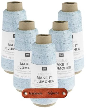 Rico Design CREATIVE MAKE IT BLÜMCHEN AQUA Premium Wolle 5 x 25g zartes Beilaufgarn mit Blümchenpailletten für edle Effekte in Strick und Häkelprojekten mit mySearose Label