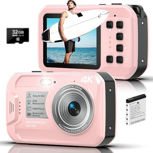 Unterwasserkamera 4K UHD, 64MP Autofocus Digitalkamera wasserdichte mit 32GB Karte, IP68 & 16FT Unterwasserkamera mit IPS HD Bildschirme, 16X schwimmfähig Digitalzoom, Aufhelllicht, zum Schnorcheln