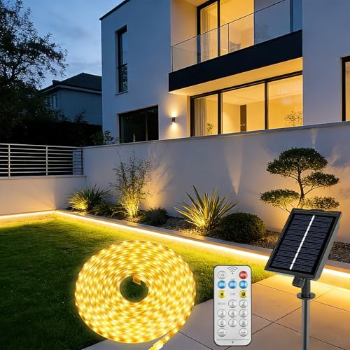Ylatoial 10M Solar LED Streifen Außen, 640 LED Strip, IP68 Wasserdicht, Dimmbar mit Fernbedienung, 8 Leuchtmodi & Timer, Wiederaufladbar für Balkon, Garten, Terrasse, Warmweiß