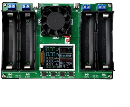 SageFurned Testeur de capacité de batterie au lithium à 4 canaux et de résistance interne avec refroidissement actif, entrée d'alimentation 5 V DC, interface de type C, pour batteries plates Vert