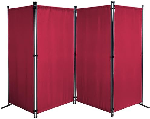 QUICK STAR Paravent 4 Teilig 165 x 220 cm Stoff Raumteiler Trennwand Balkon Sichtschutz Stellwand Faltbar Rubinrot