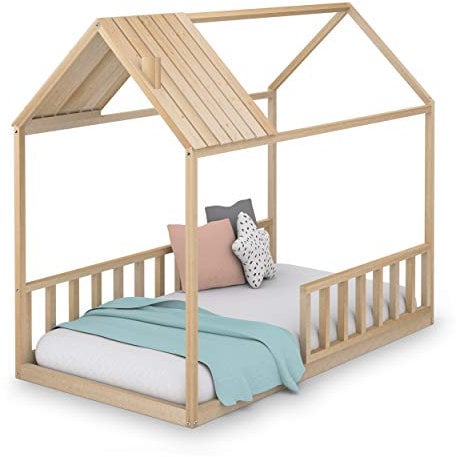 Cama Infantil Tipo Montessori, Casita Madera Natural con Barrera Barandilla, para niño y niña, 90 x 190 cm