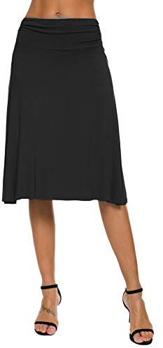 EXCHIC Damen Sommer Hohe Taille A-Linie Knielang Rock Elegant Elastisch Midi Yoga Röcke (S, Schwarz)
