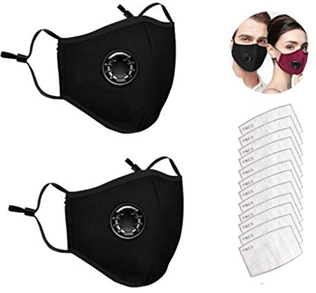 AmyGline 2 Stück Outdoor Baumwolle-Gesichtsschutz-Mundschutz,mit 12 Aktivkohlefilter,Wiederverwendbar,Waschbar,Anti-Staub,Atmungsaktiv,Schwarz,für Motorrad,Laufen (2PC+12 Filter, Schwarz)
