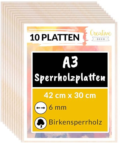Creative Deco 10 x A3 Sperrholzplatte 6mm | 420 x 300 (+/- 2) mm | Birkensperrholz Dünne holz-Zuschnitte | Perfektes Blatt für Laubsäge, Brandmalerei, Laserschnitt, CNC Router, Durchbrochenes