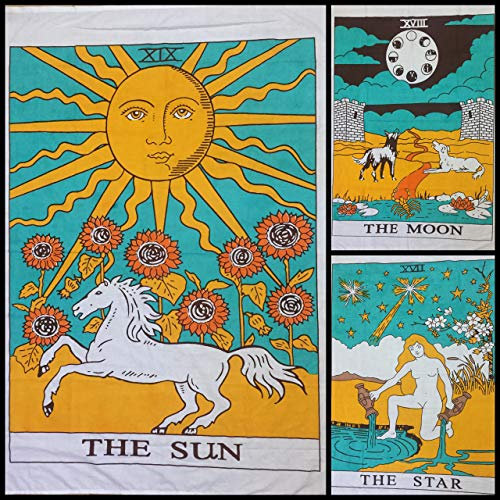 Indian Consigners Tarot-Karten Tapisserie The Sun, Moon Star Buntes Set von kleinen Tapisserie-Plakaten aus Baumwolle, mittelalterliches Europa (100 cm x 75 cm) (3 Stück (die Sonne, der Mond, Stern))