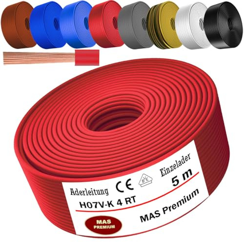 Cable de 5 a 100 m H07 V-K 4 mm² negro, marrón, azul oscuro, amarillo verdoso, gris, azul claro, blanco o rojo, cable individual flexible (rojo, 5 m)