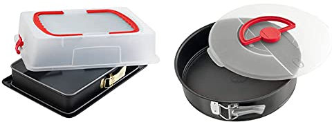 Dr. Oetker Rechteck-Springform mit Haube 38 x 25 cm Emaille, eckiges Kuchenblech, 1 Stück & Bake & Go Springform Ø 26 cm mit Transporthaube Kuchentransportbox mit Antihafteigenschaften, 1 Stück