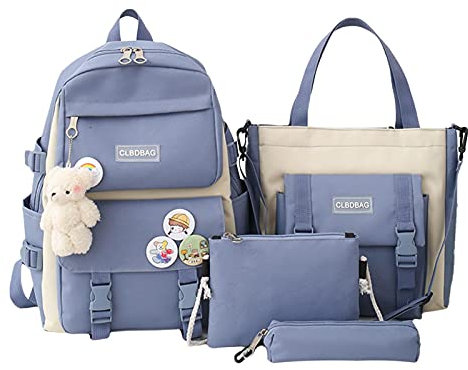 ZHANGHAN Kawaii Rucksack Bär Anhänger 4PCs Schulrucksack Combo Set Einkaufstasche Schultasche Netter Mädchen Damen Schulnotizbuch Reiserucksack Wasserdichter Schulbedarf, Blau, 14 centimeters