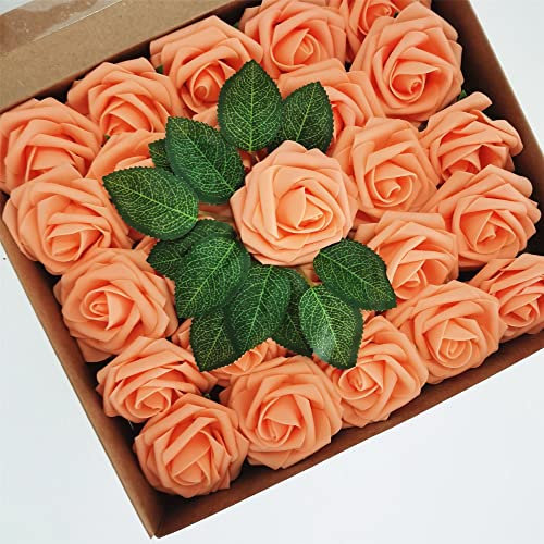 HAOSHICS 25 Stück künstliche Blumen, fühlen sich echt an, Schaumstoffrosen, künstliche Rosen mit Stiel für Hochzeit, Brautsträuße, Valentinstag, Babyparty, Party, Heimbüro, Hoteldekoration (orange)