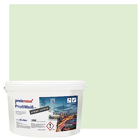 Preismaxx Profiweiß Wandfarbe grün 5L, hohe Deckkraft, Dispersionsfarbe innen, Innenwandfarbe Raumfarbe eisgrün deckend, Deckkraftklasse 2, matt Innenfarbe Profi Qualität