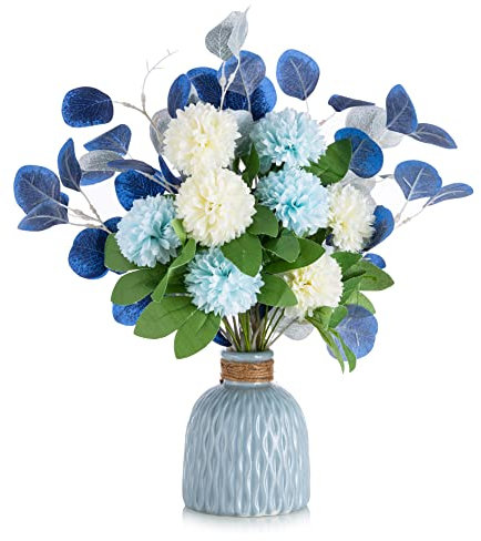 BLOSMON Fiori Finti Decorazioni con Vaso Fiori Artificiali Ortensia con Blu Vasi per Centrotavola Piante Finte da Interno Bouquet Fiore Soprammobili per Casa, Tavola, Cucina, Festa, Camino Addobbi