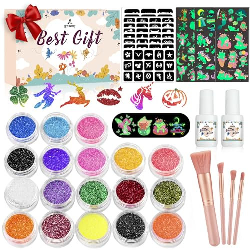 Acebwhtoy Glitzer Tattoo Set Kinder,18 Farben Glitzertattoos Kinder Set, 18 Stück Temporäre Tattoo Schablonen mit 231+ Muster Stencils für Mädchen Jungs,Geschenk für Geburtstagsparty