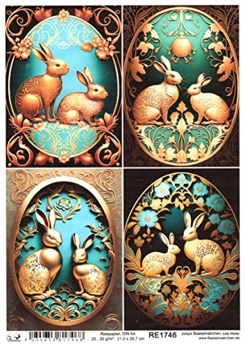 Josys Bastelmärchen Reispapier A4 Strohseide Decoupage Ostern Hasen Patina Gold Blumenmuster RE1746
